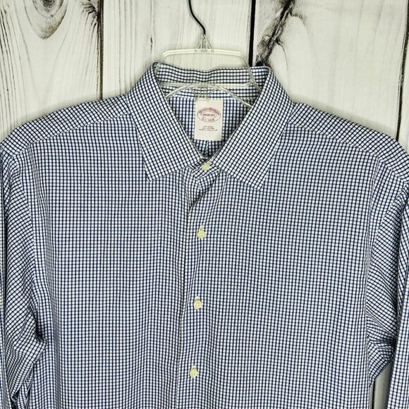 Brooks Brothers Makers Oxford Button Up Shirt Sz L Blue White Check French Cuff - Picture 2 of 8